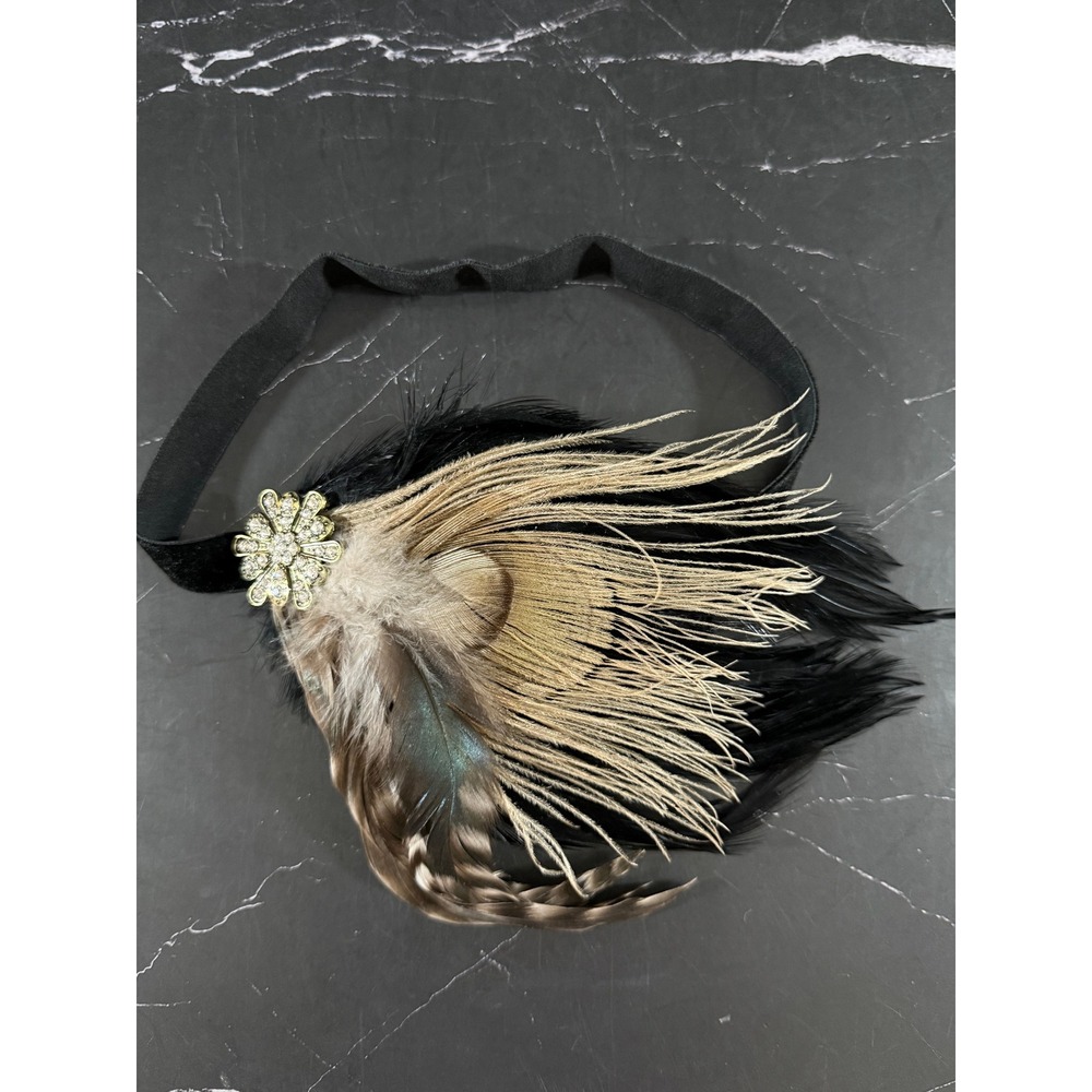 Vintage Style Flapper Ostrich Feather and Rhinstone Brooch Elastic Headband